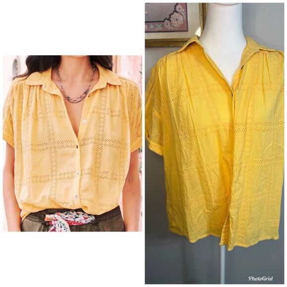 Sundance Tensift Eyelet Yellow Button Down Shirt Small Boho Oversized - Picture 1 of 12